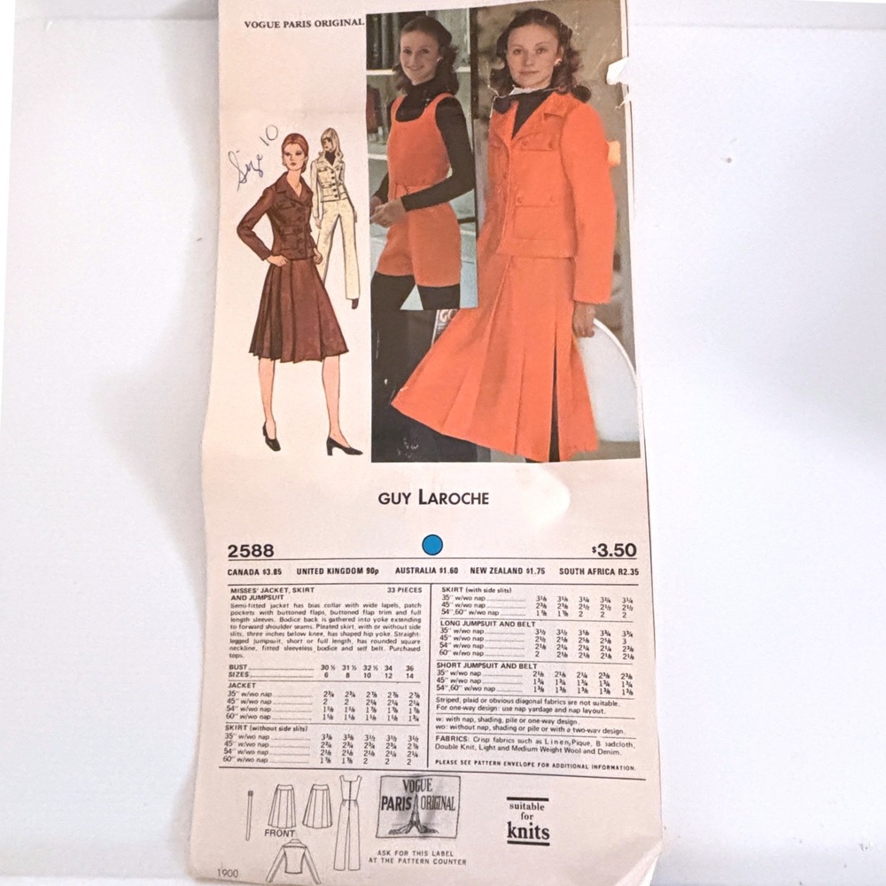 Vogue 2588 Paris Guy Laroche Rare70s Jacket Skirt Jumpsuit 10 Catalog Pg Uncut